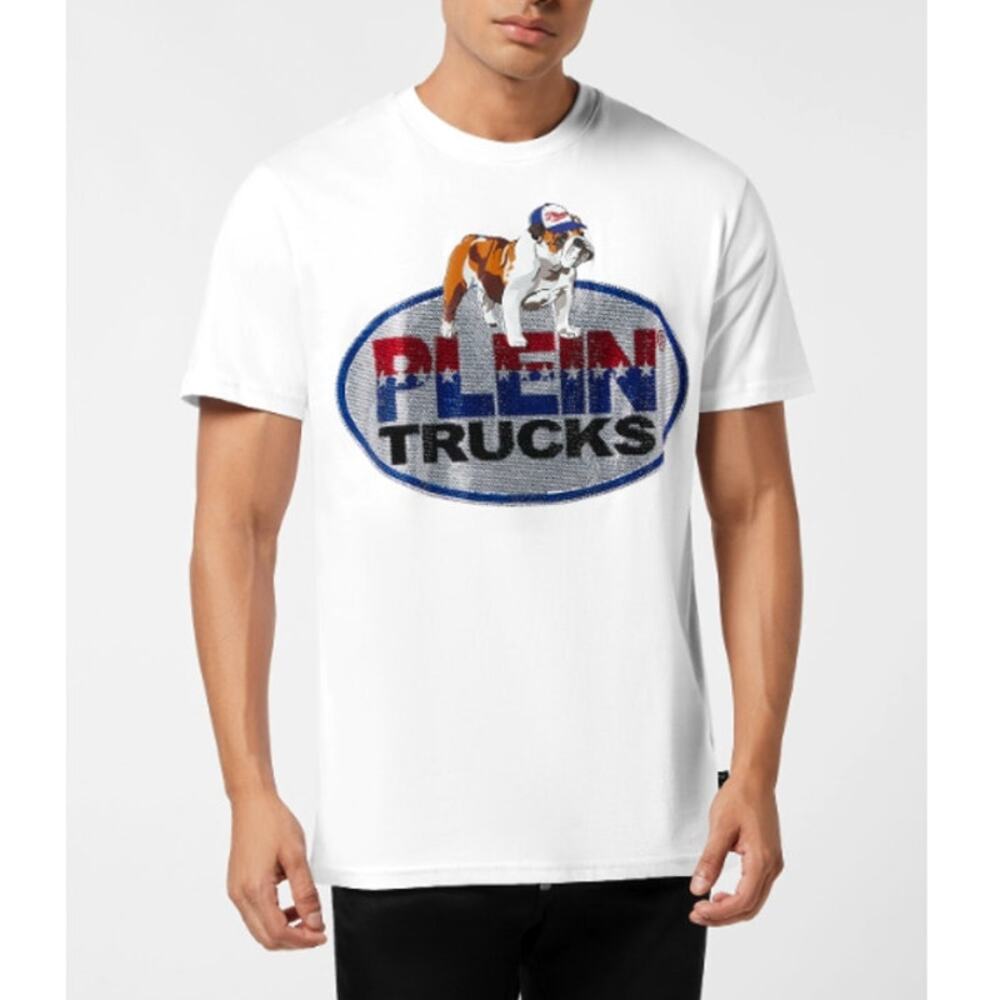 Philipp Plein Men's White Bulldog Crystal Round Neck T-Shirt Size XXL
